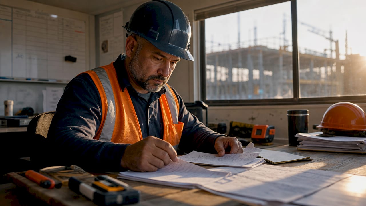 Construction manager reviewing labor productivity reports