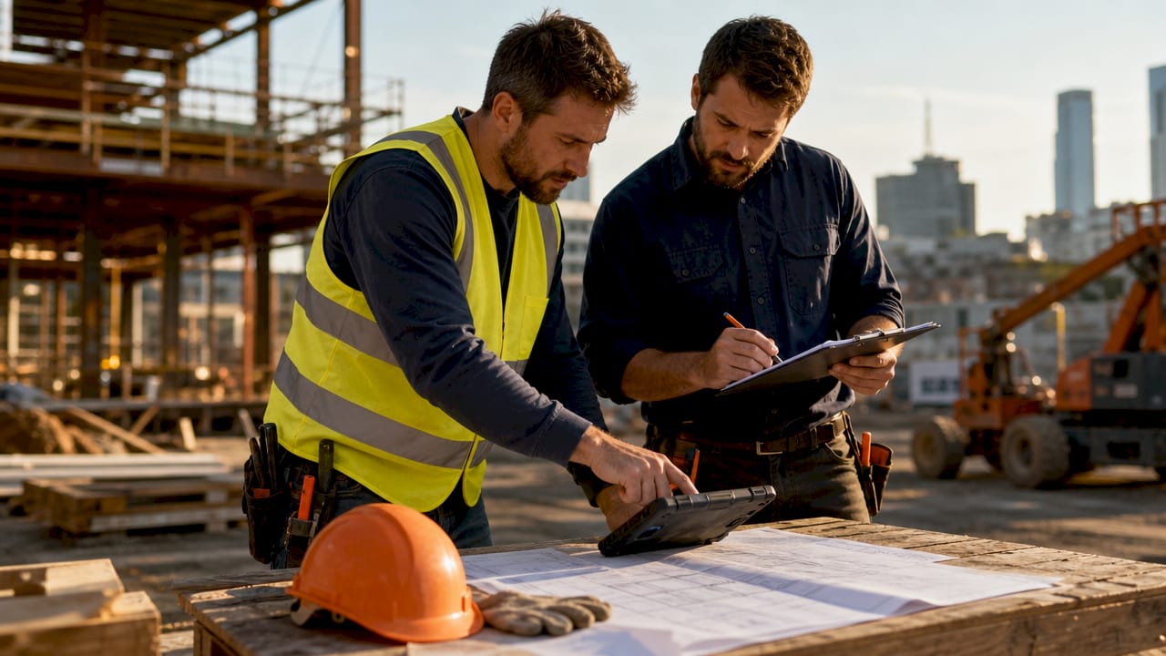 Workers logging labor hours on tablet outdoors