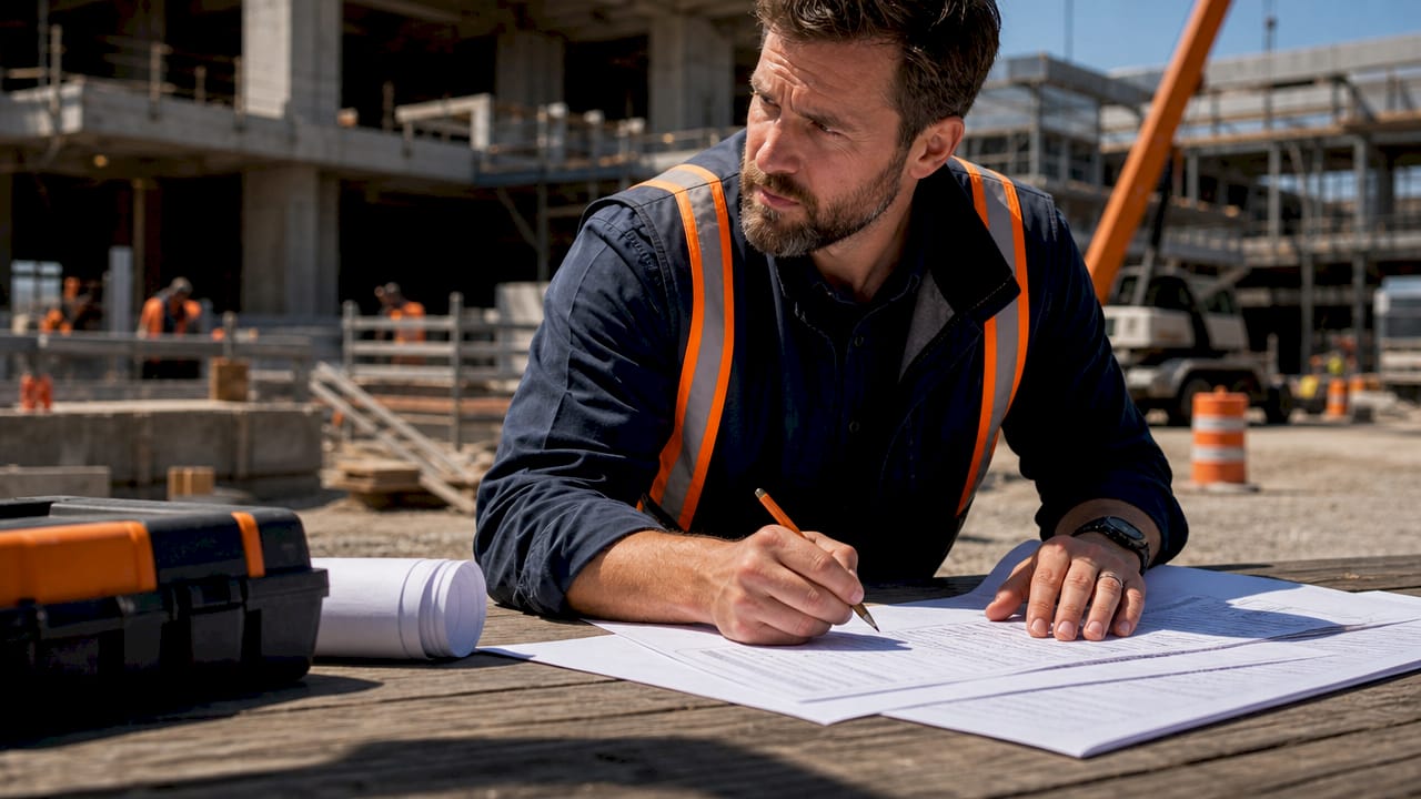Construction manager reviewing time tracking documents
