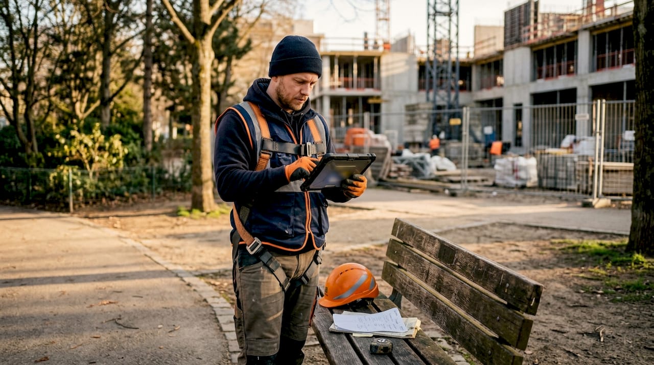 Hands using tablet for time tracking outdoors