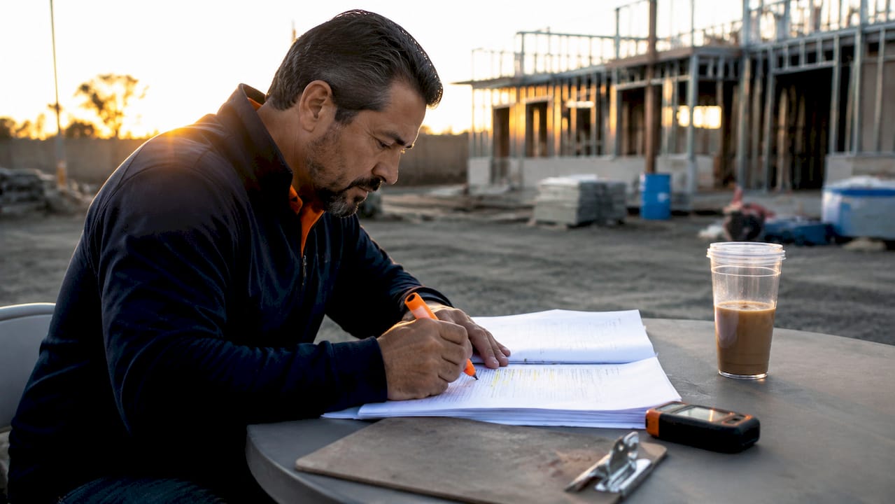 Project manager reviewing bid documents in onsite trailer