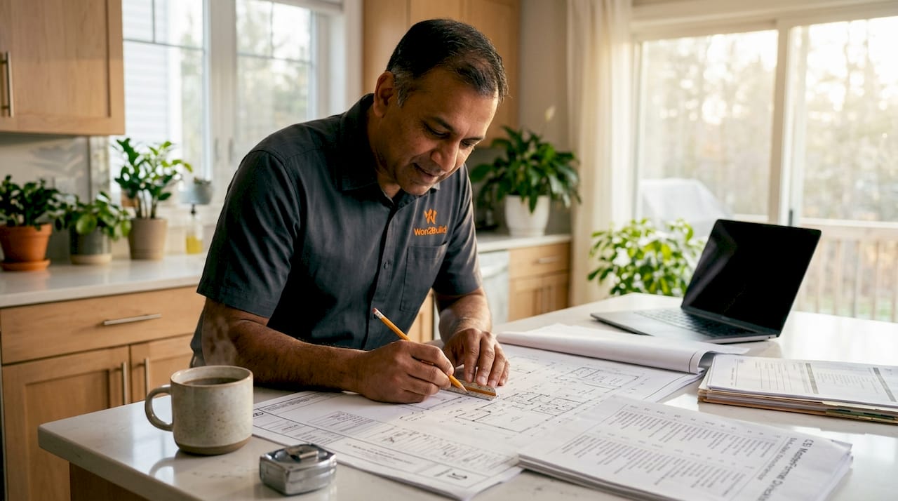 Estimator reviewing construction plans and checklist