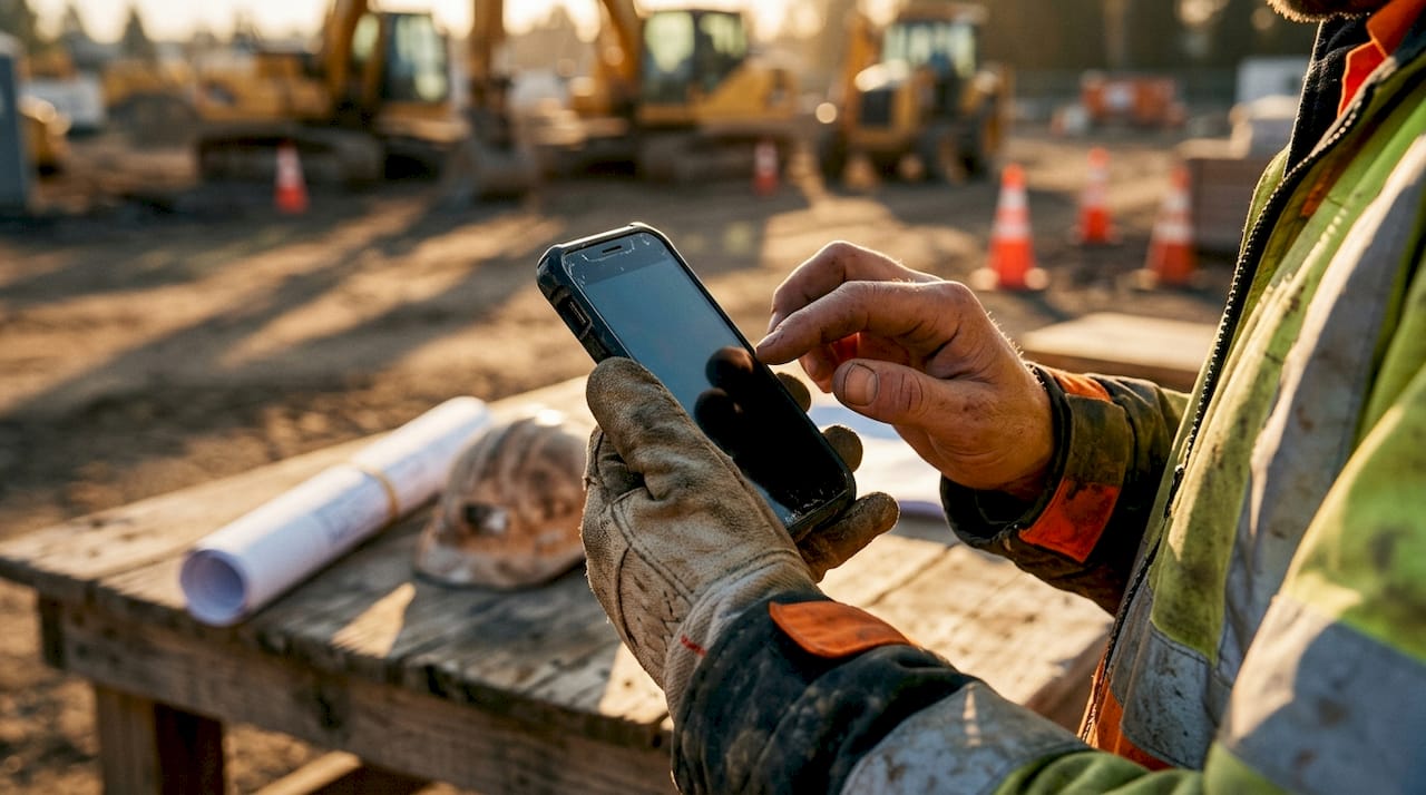 Hands using smartphone for GPS time tracking