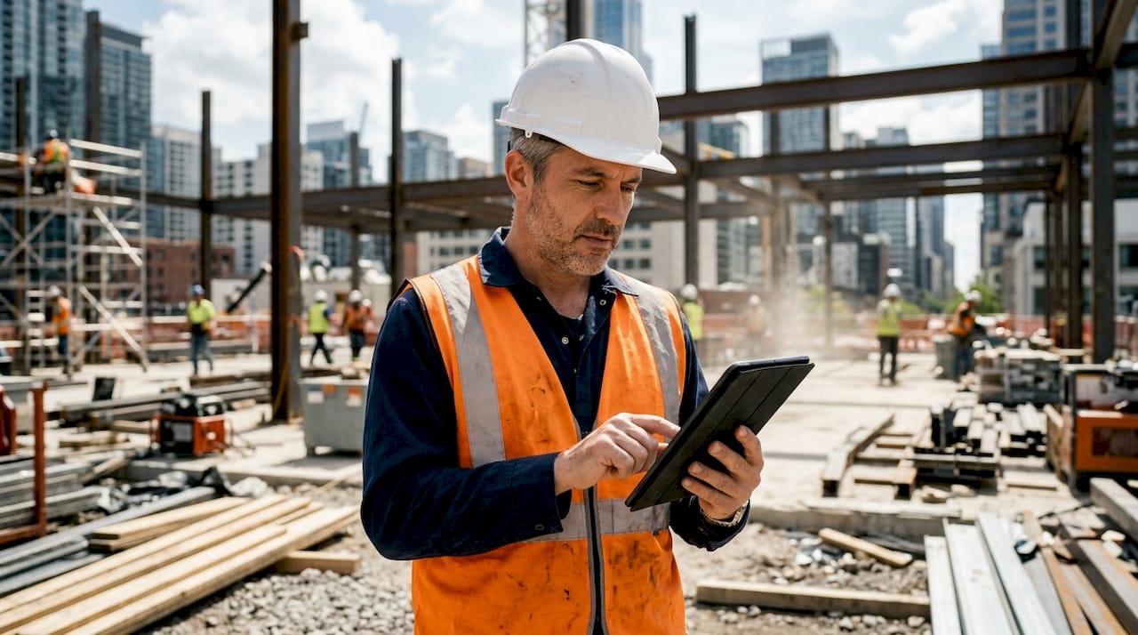 Construction manager reviewing timecards on site