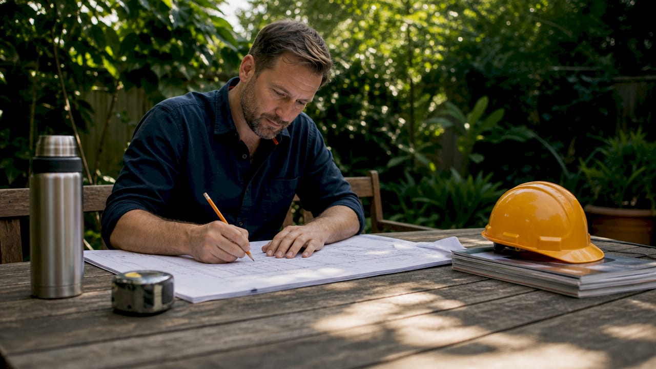 Estimator reviewing construction blueprints and takeoffs