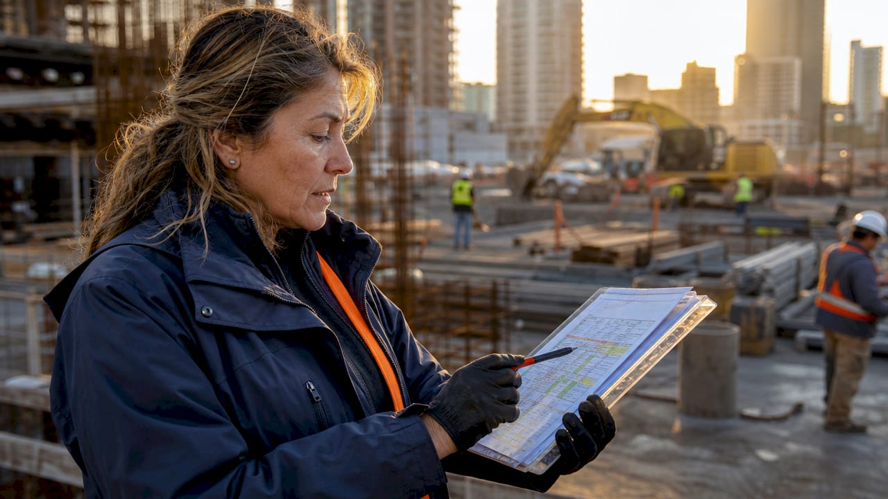 Project manager checking takeoff error corrections on site