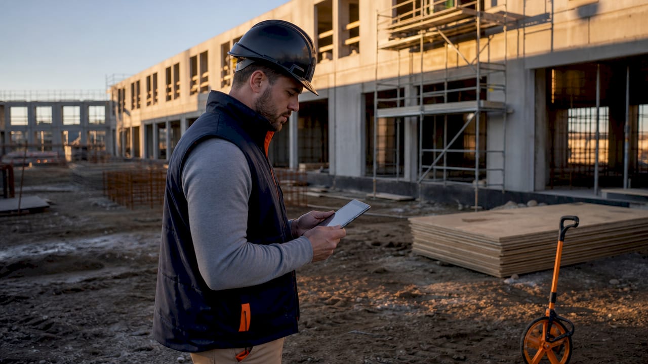 Project manager reviewing digital plans on construction site