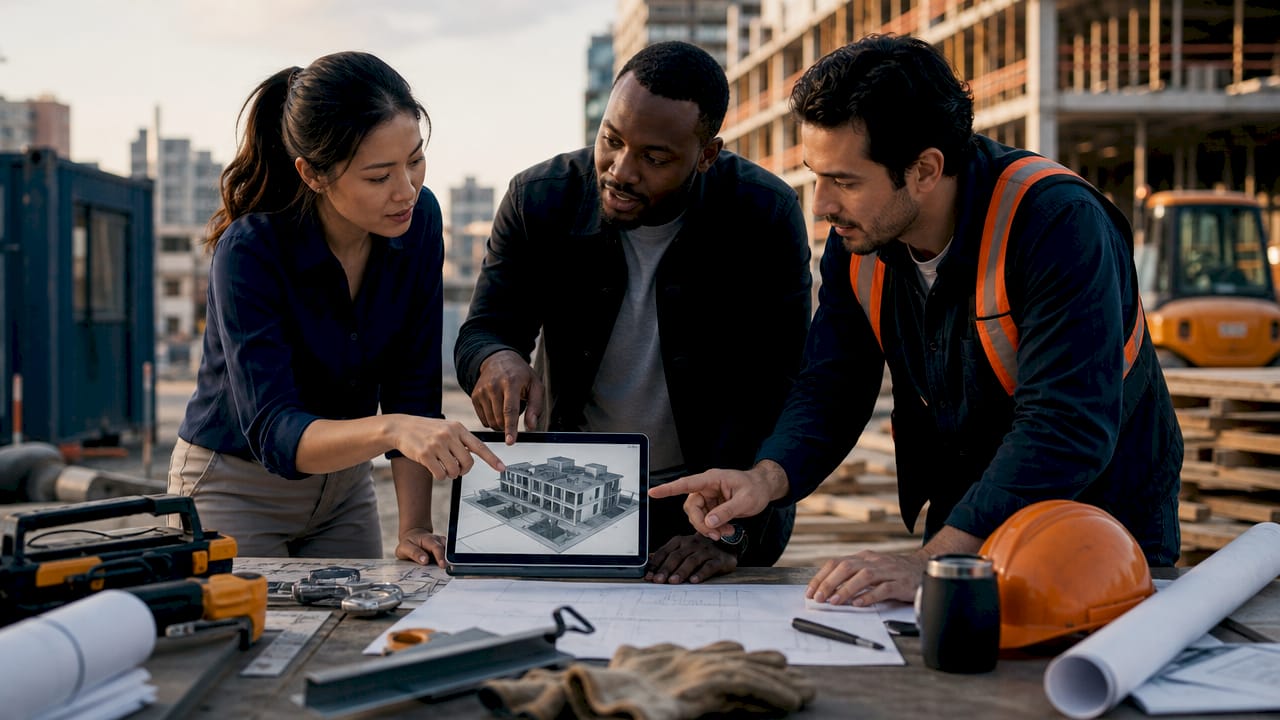 Engineers collaborating with BIM model on touchscreen table
