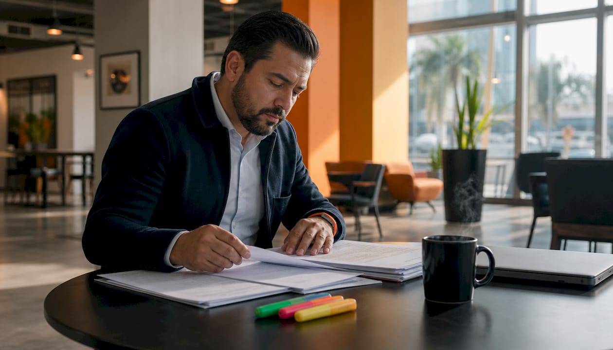 Man reviewing multi-phase commercial bid documents