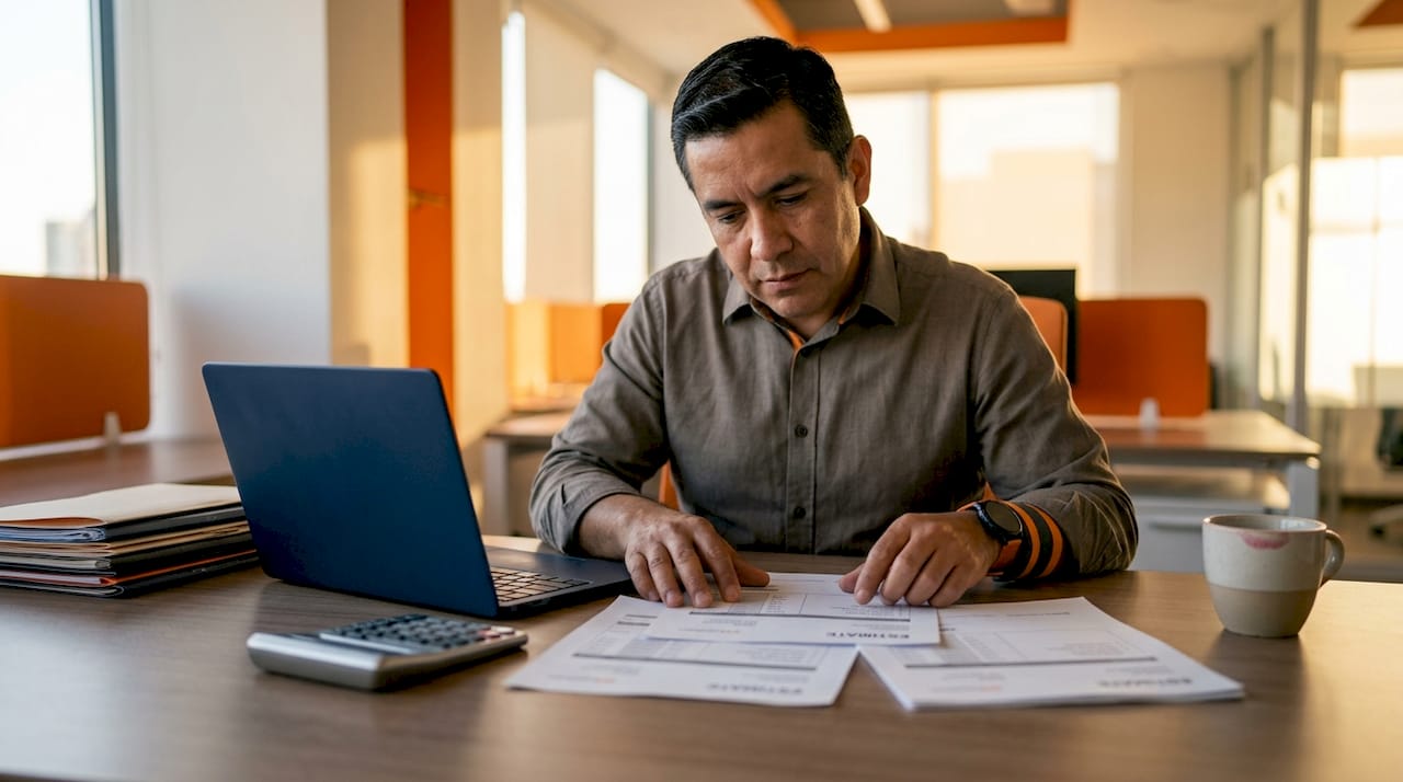 Subcontractor reviewing estimate templates at desk