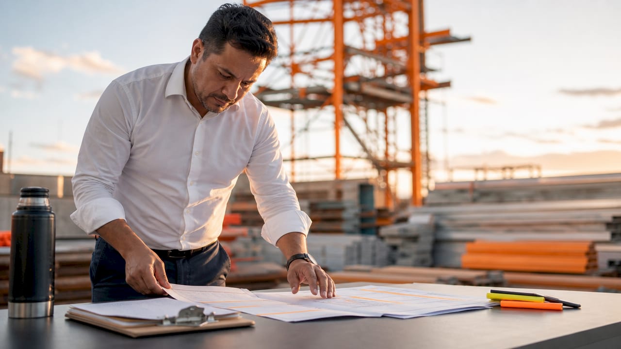 Subcontractor reviewing bid documents at desk
