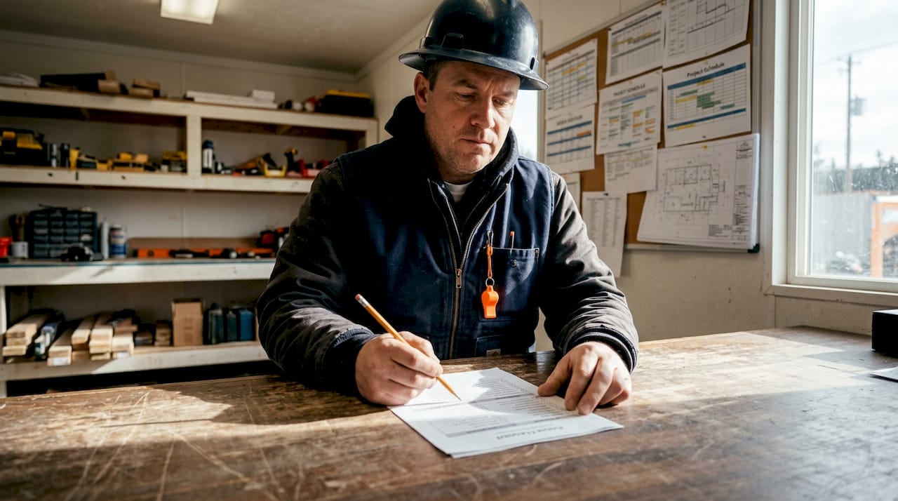Subcontractor reviewing bid checklist in trailer
