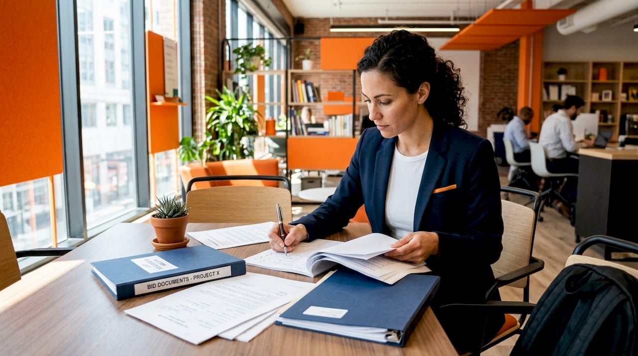 Hands checking signed bid documents on desk