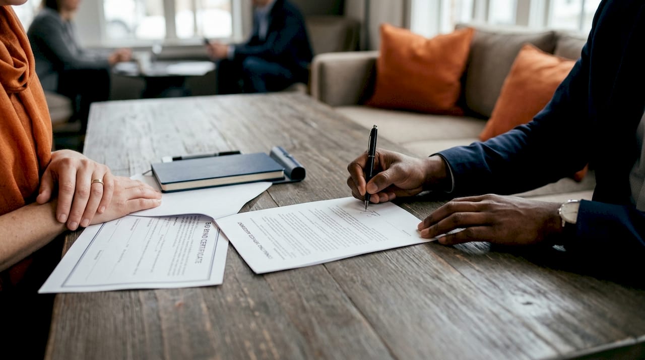 Close-up of hands signing contract with bid bond