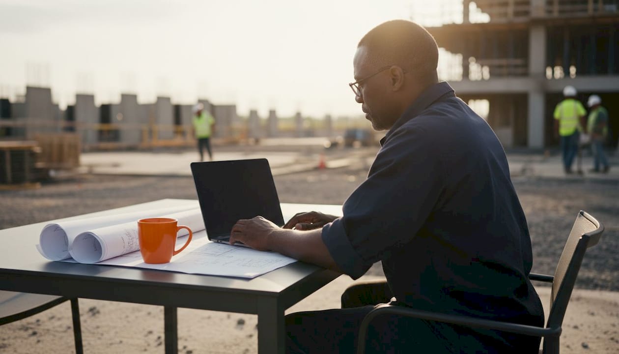 Project manager analyzing data on laptop indoors