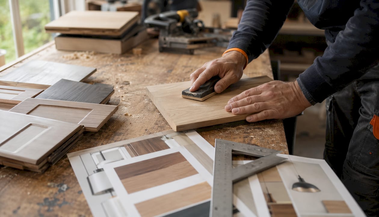 Hands inspecting wood flooring sample for allowances