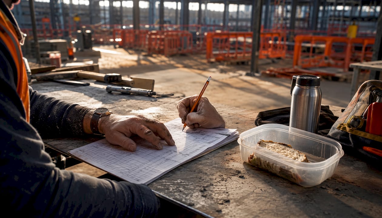 Hands filling paper timesheet outdoors