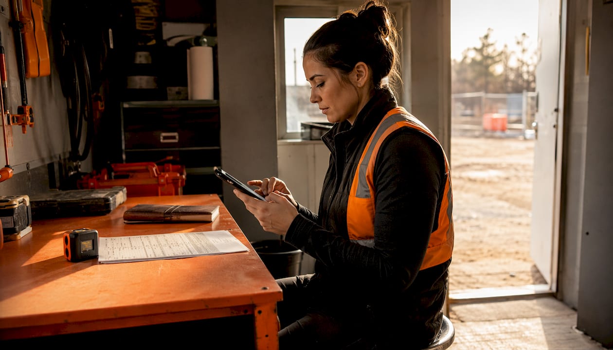 Hands using mobile project management app on job site