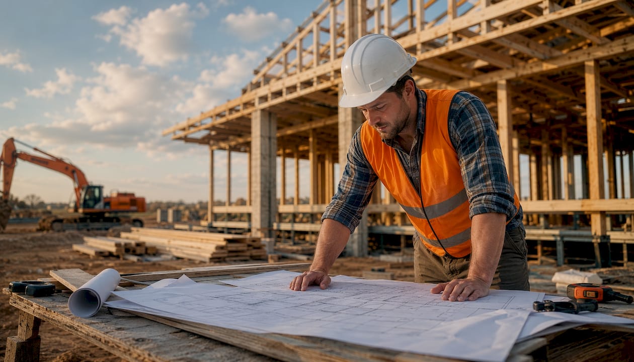 Construction manager reviewing plans at site