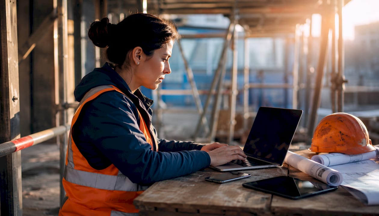 Project manager coordinating apps via laptop and tablet