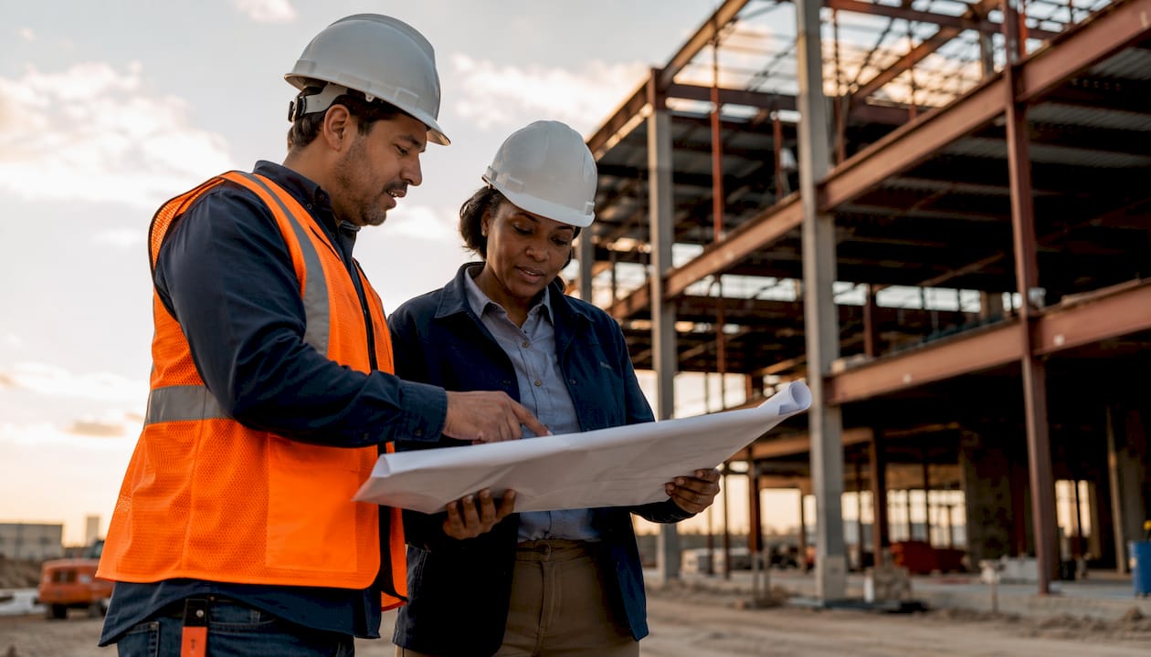 Contractors discussing bid at construction site visit