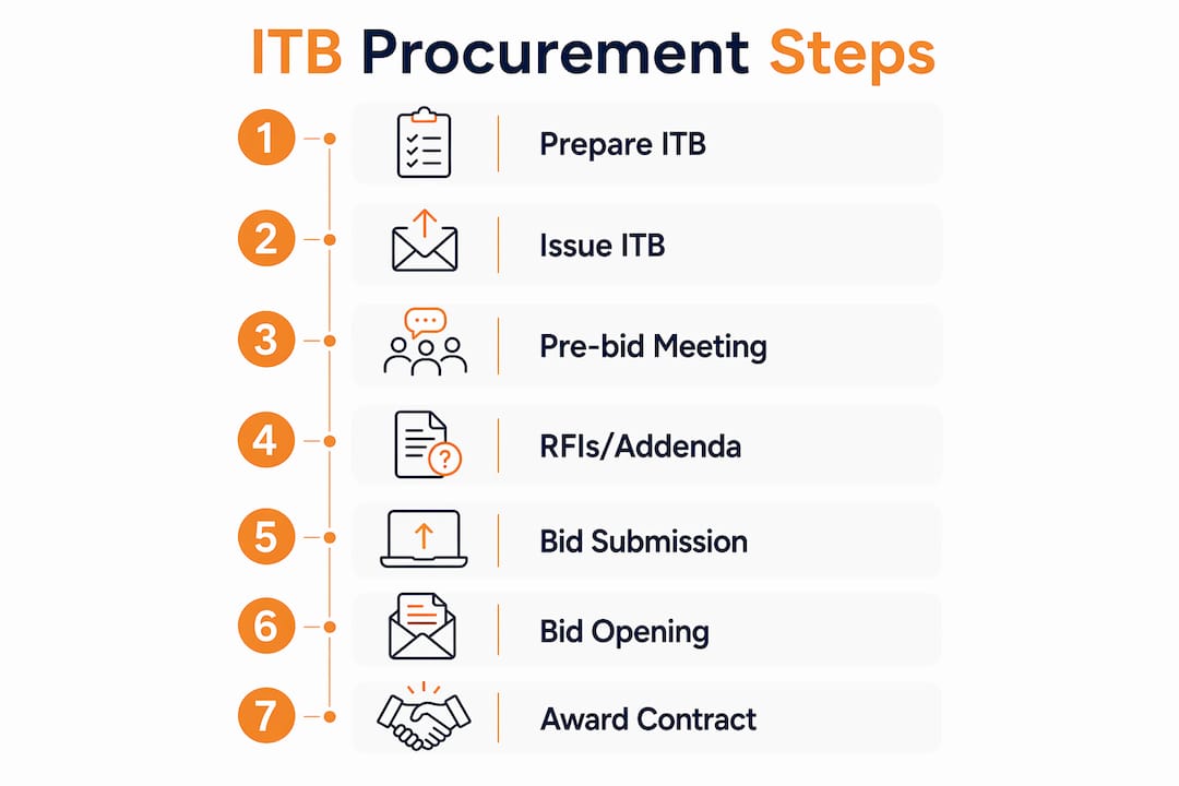 Infographic showing the ITB procurement process steps from preparation to contract award