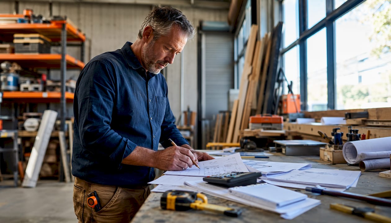 Estimator reviewing job cost documents in office