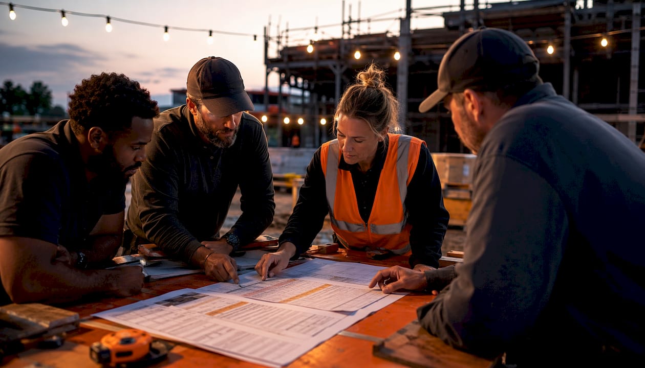 Hands sorting construction cost sheets overhead