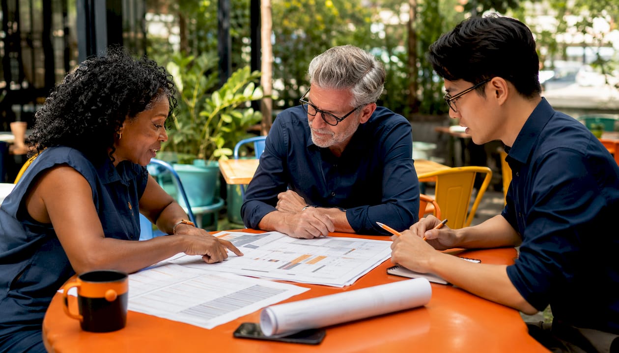Team discussing construction estimate workflow at meeting table