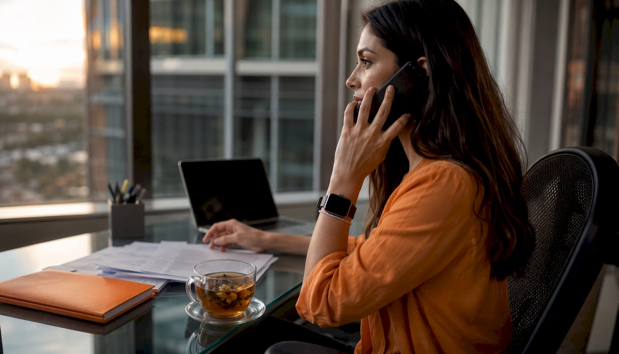 Hand holding phone during supplier call