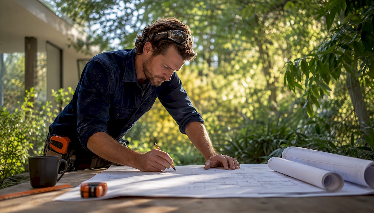 Construction estimator reviewing blueprint at desk