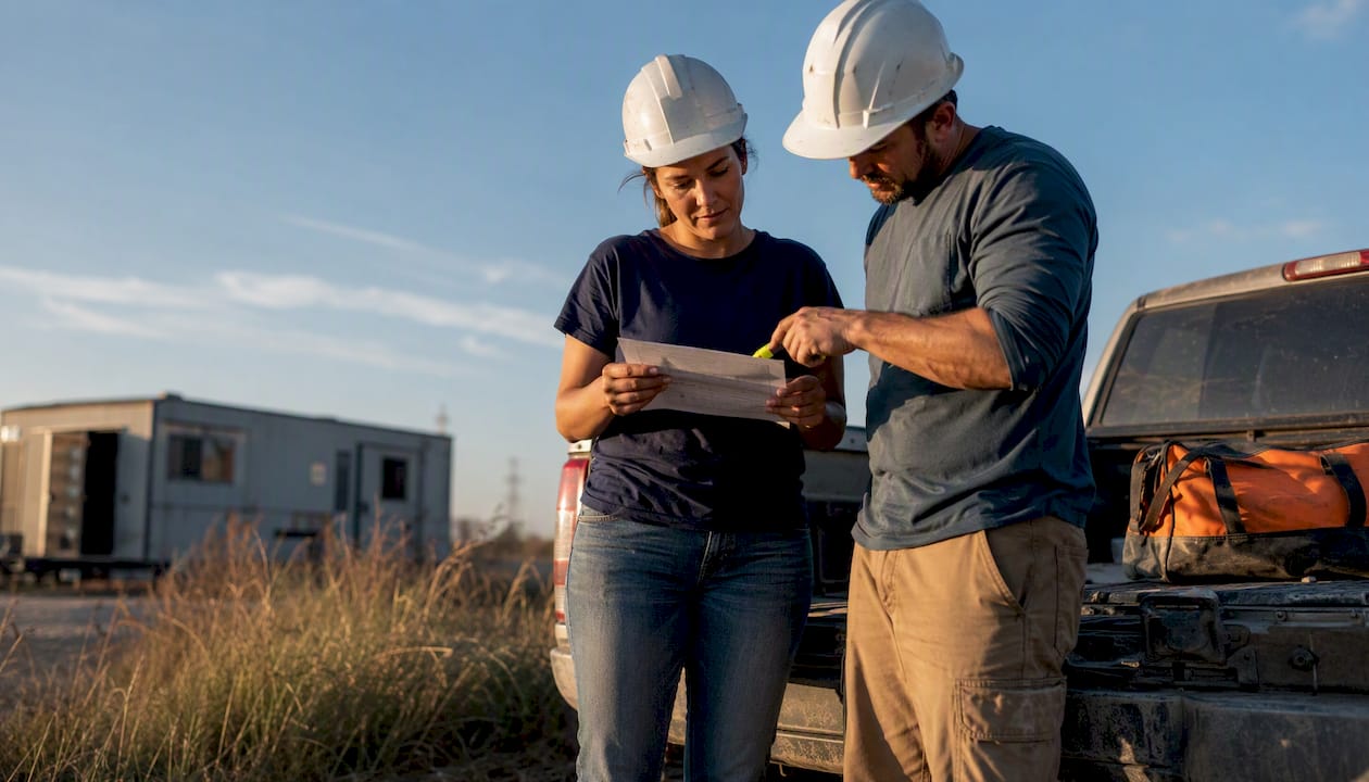 Field crew members reviewing printed timecard outdoors