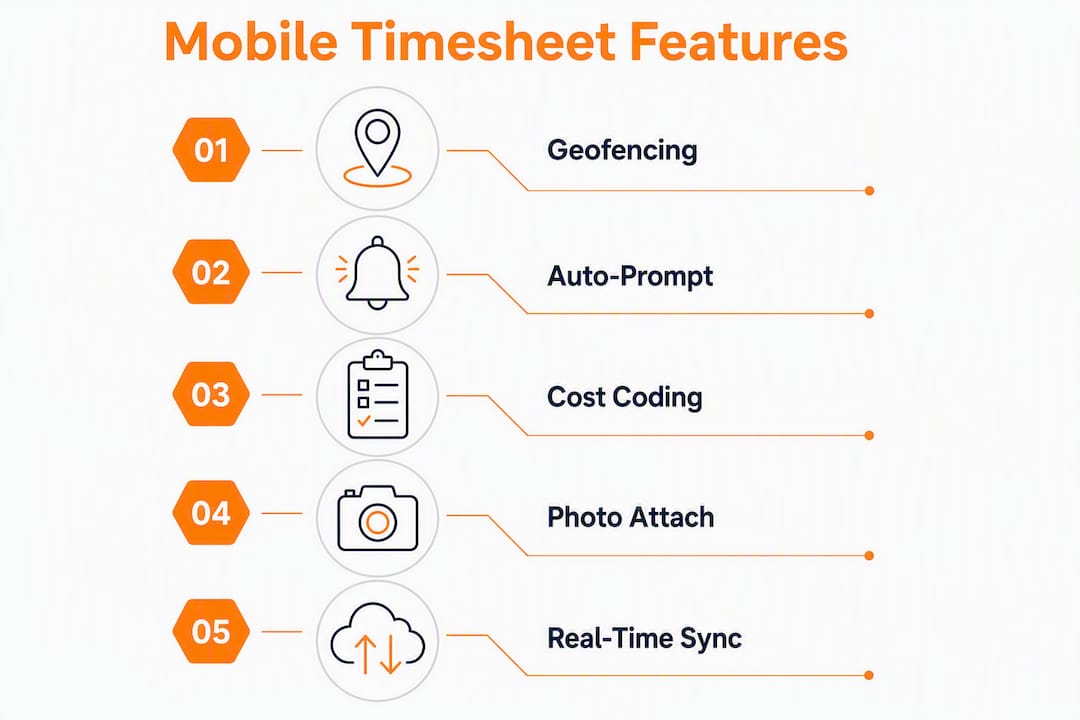Infographic listing key mobile timesheet features
