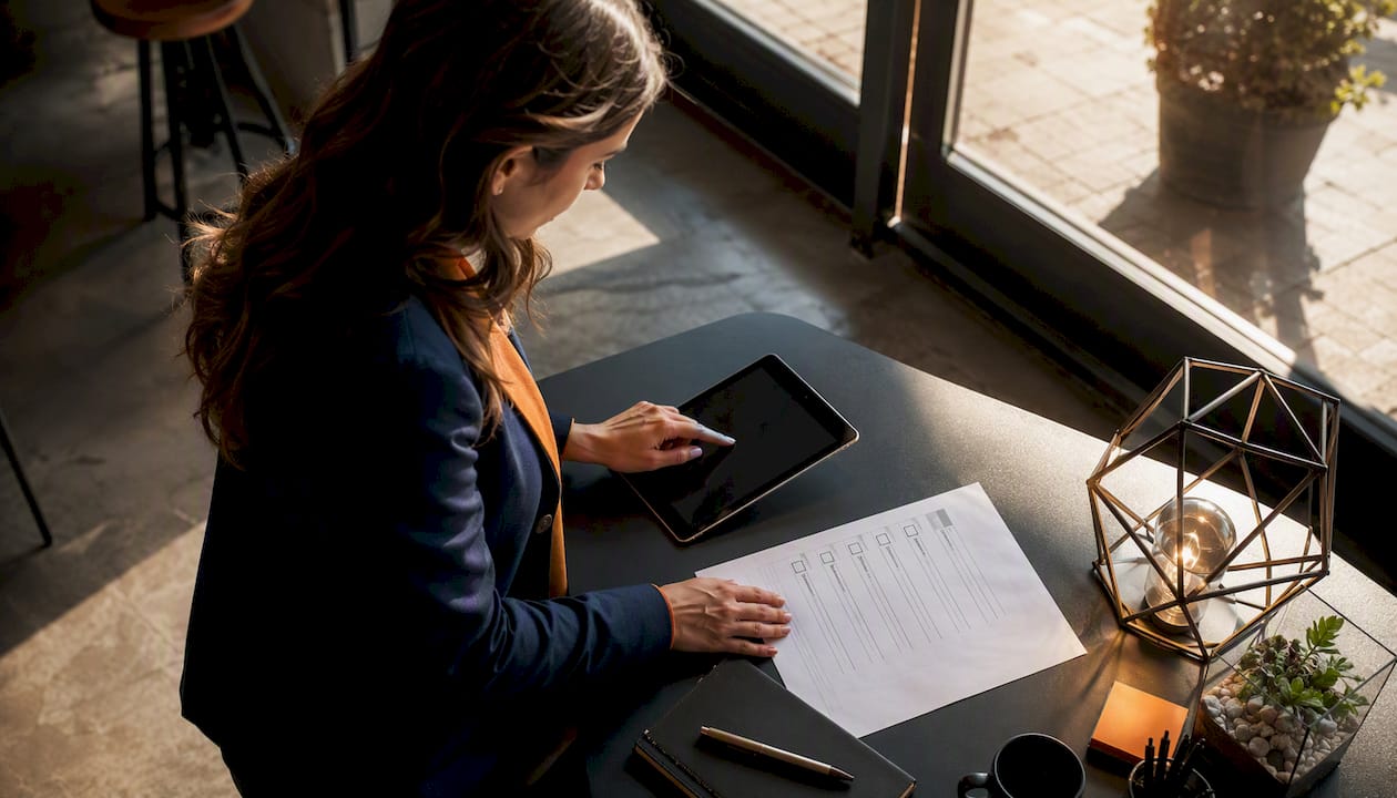 Project manager evaluating bid platforms on tablet