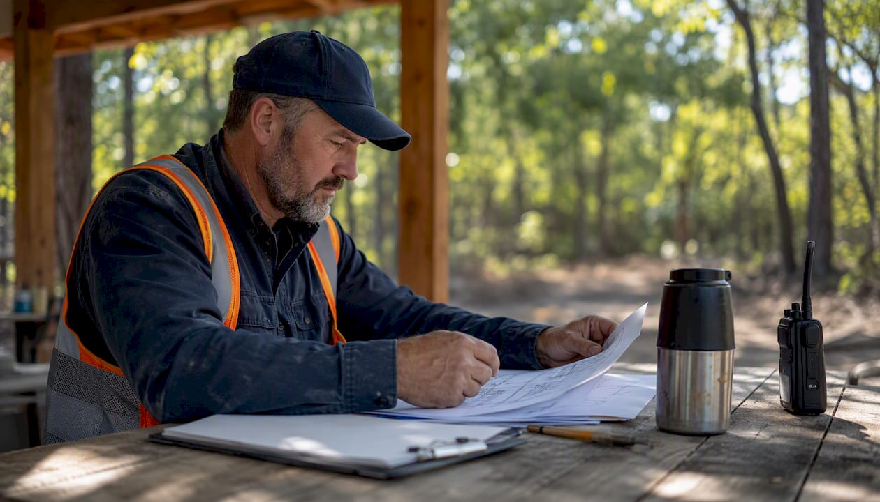 Foreman reviewing construction plans outdoors