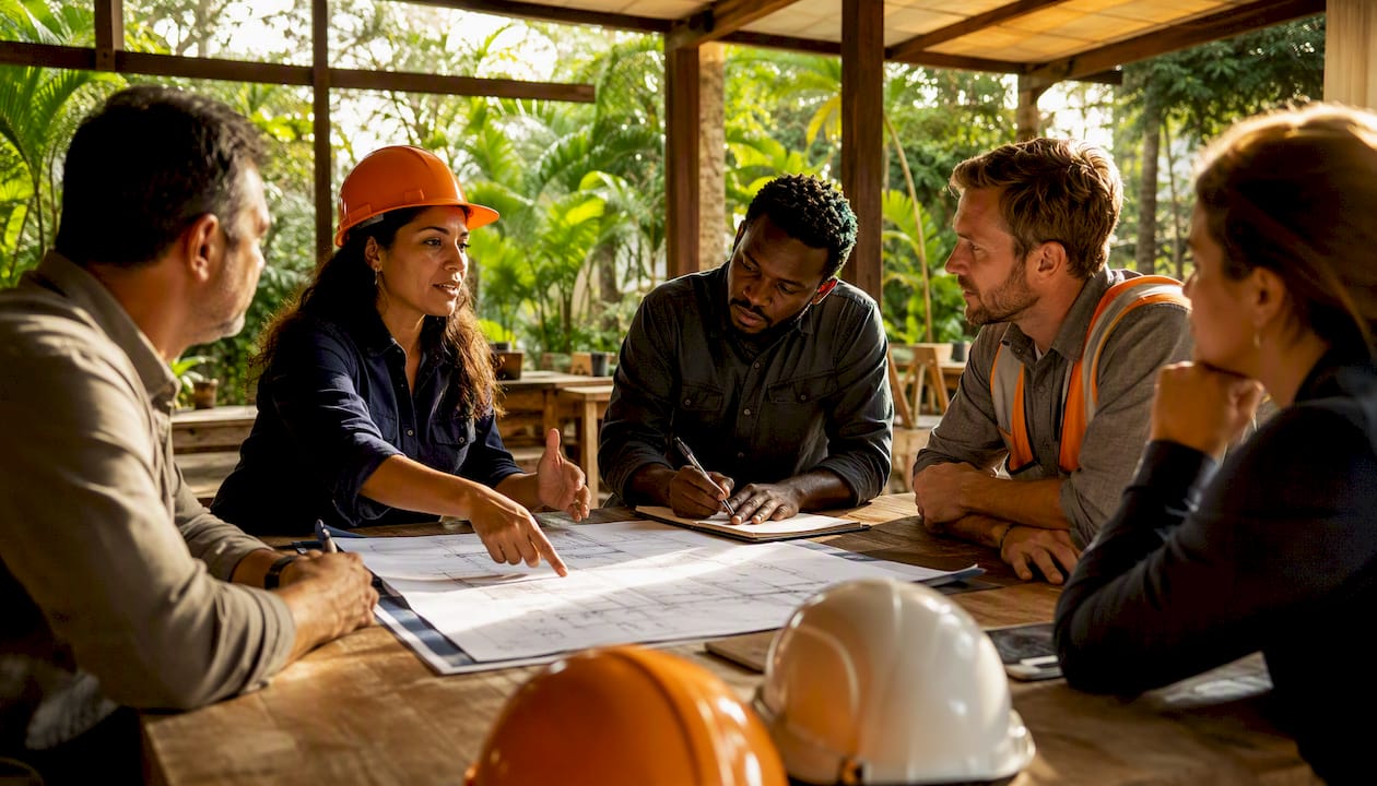 Subcontractors collaborating around construction plans