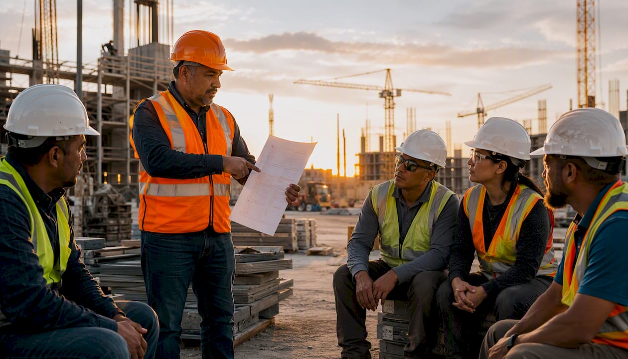 Construction crew at site safety briefing