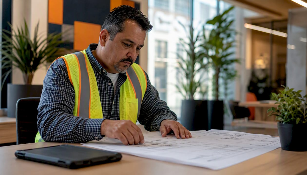 Subcontractor reviewing plans with takeoff software device