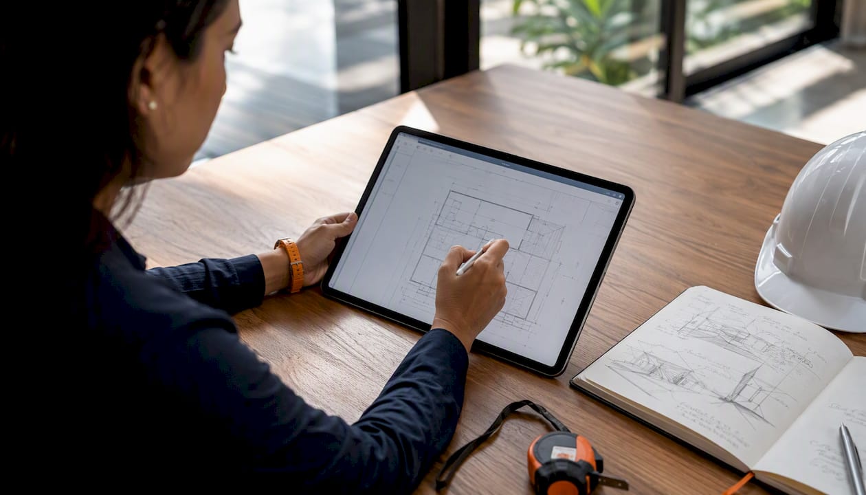 Focused hands using takeoff software tablet