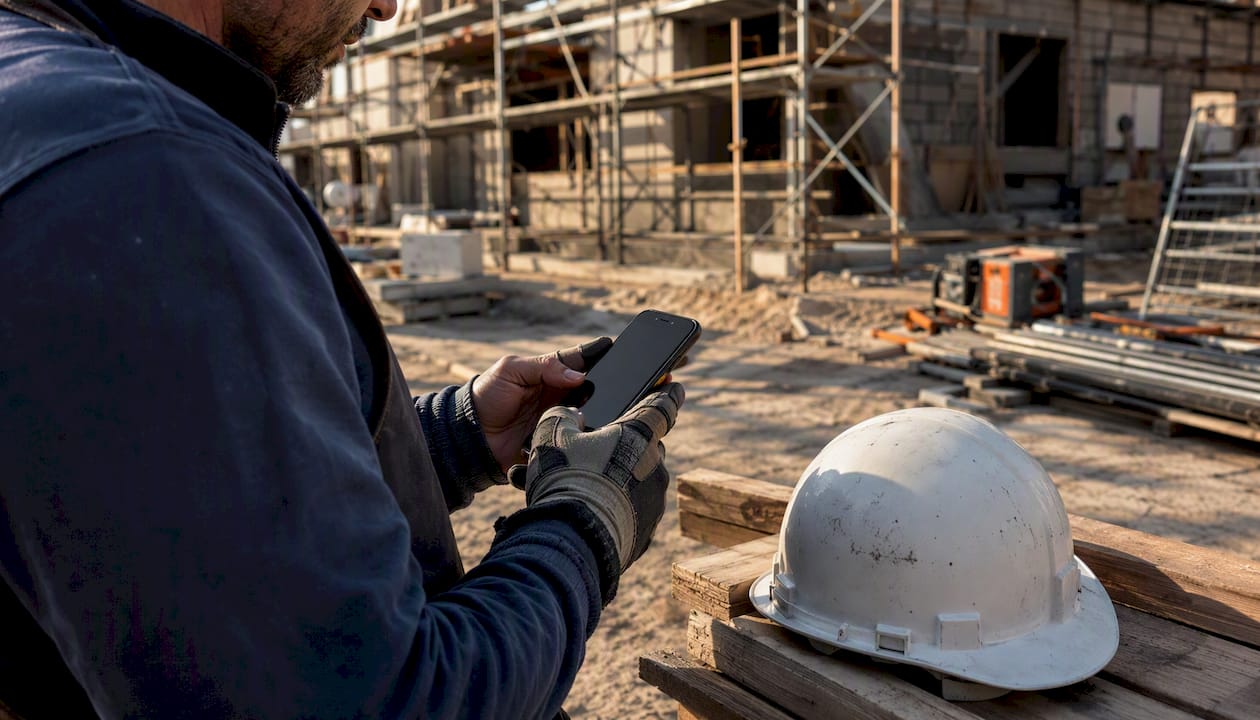 Subcontractor hands with phone at construction site