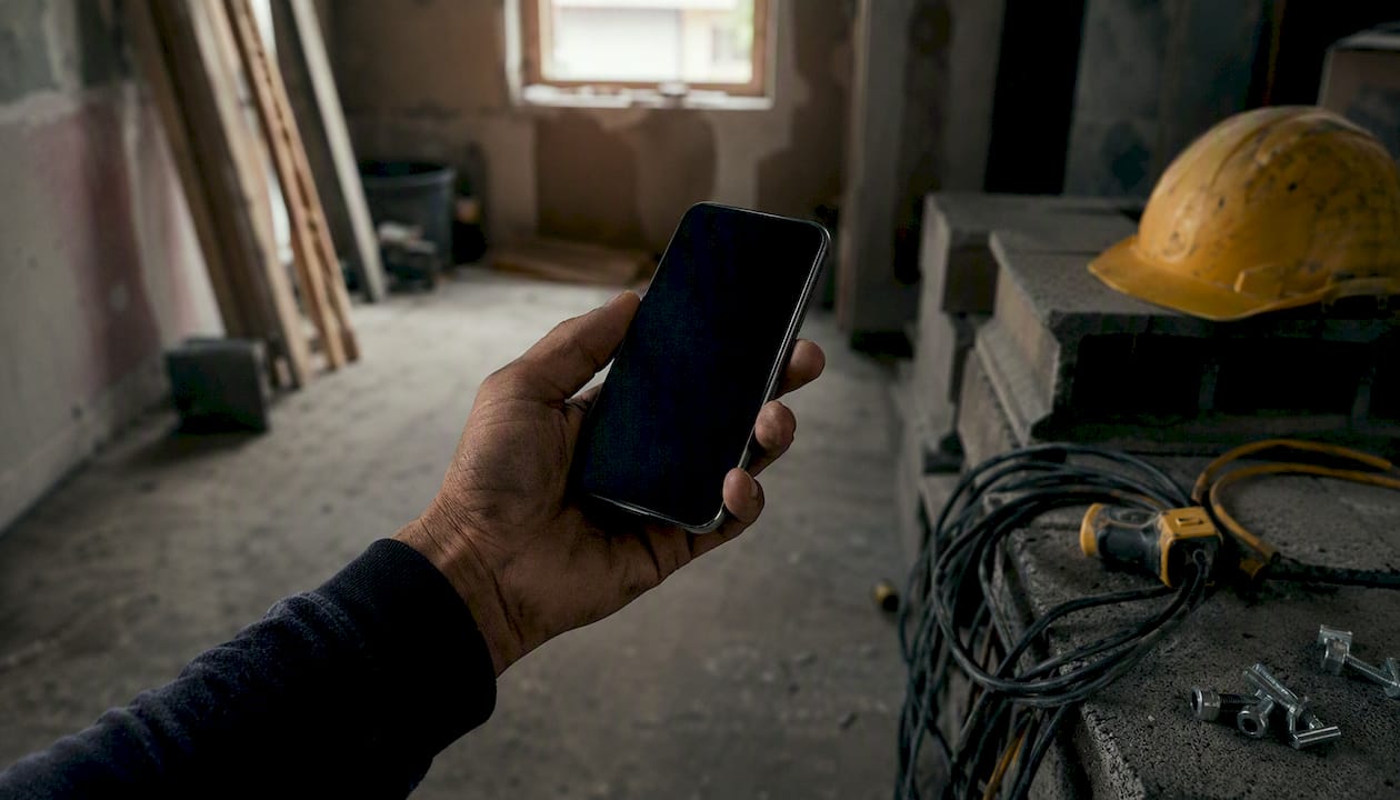 Subcontractor holding smartphone in basement worksite