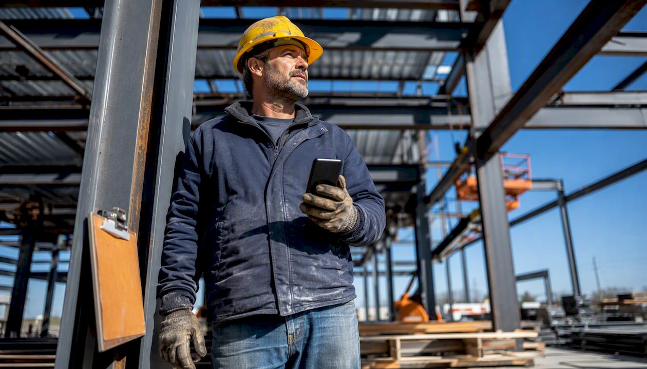 Supervisor at construction site using mobile device
