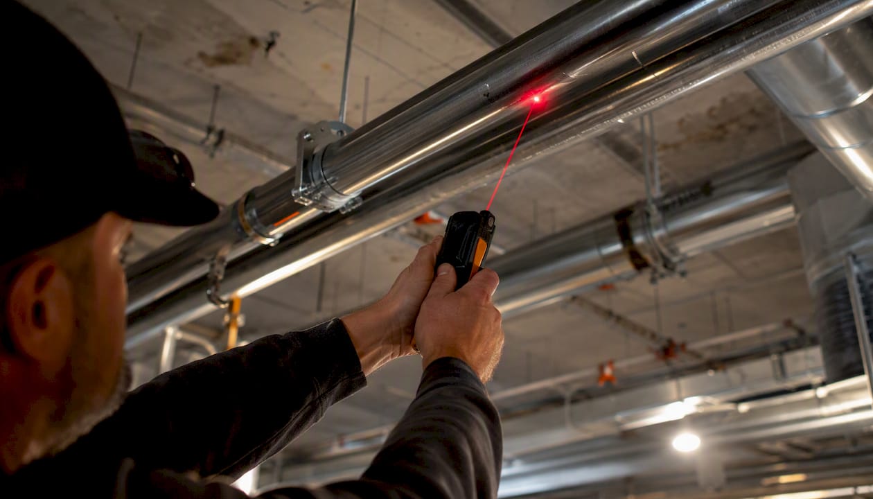 Hands measuring pipe run with laser tool