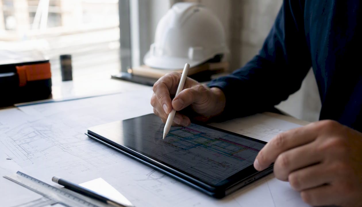 Hands doing digital takeoff on tablet with blueprint