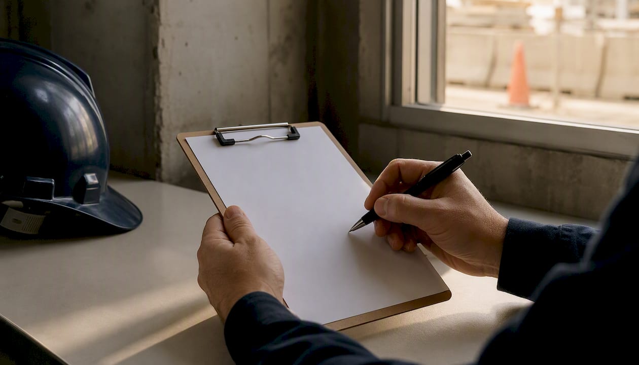 Hands holding clipboard with hard hat on table