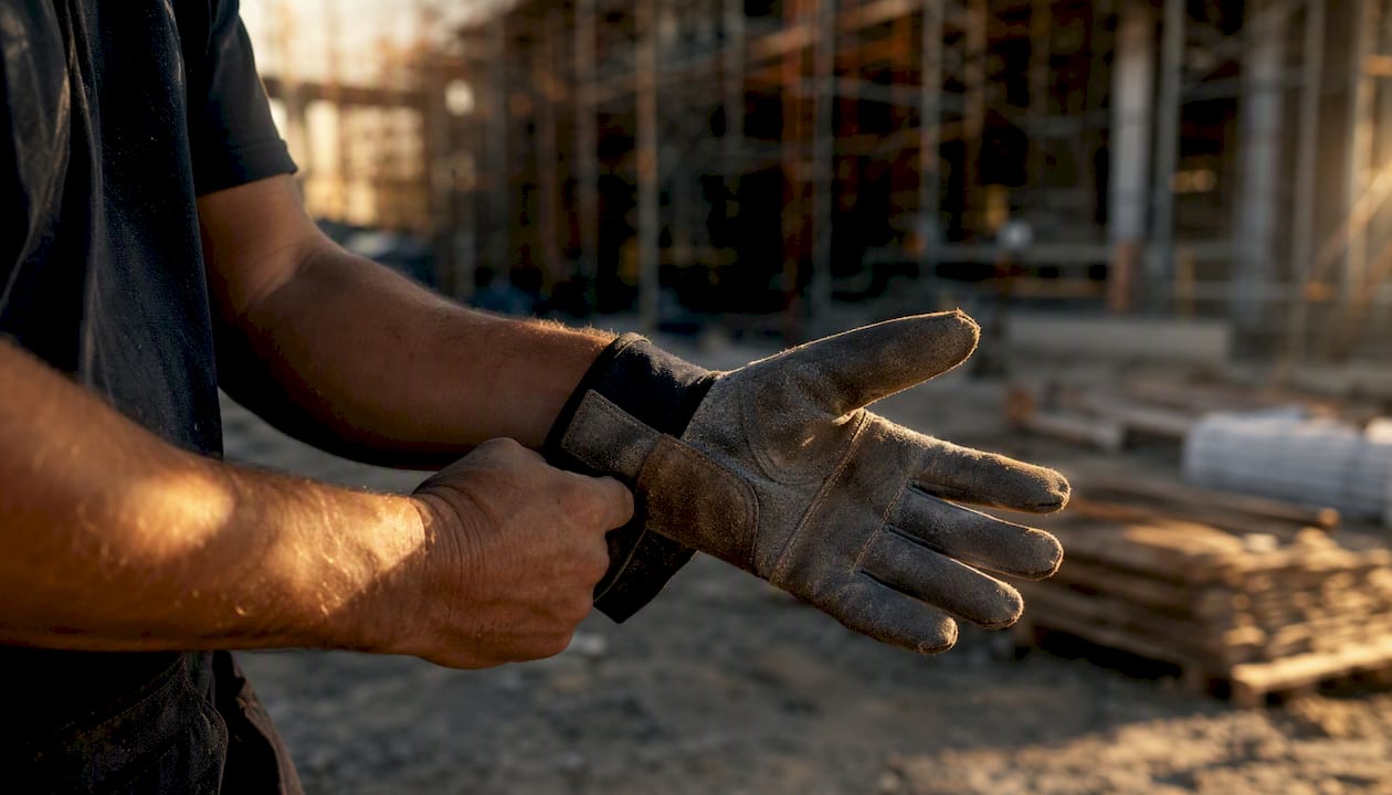 Hands putting on safety gloves on construction site