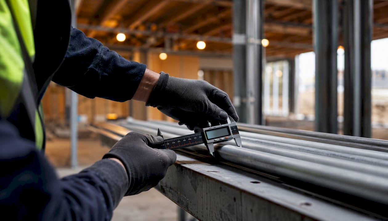 Hands measuring construction materials with laser meter
