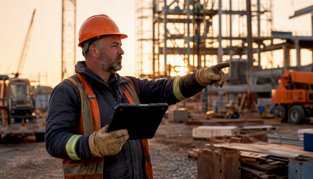 Foreman's hands tapping offline tablet at construction site