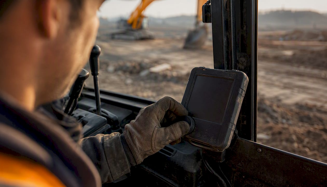 Operator pressing button on device in excavator cab