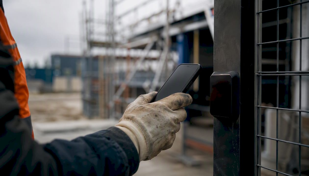 Construction worker clocking in on smartphone